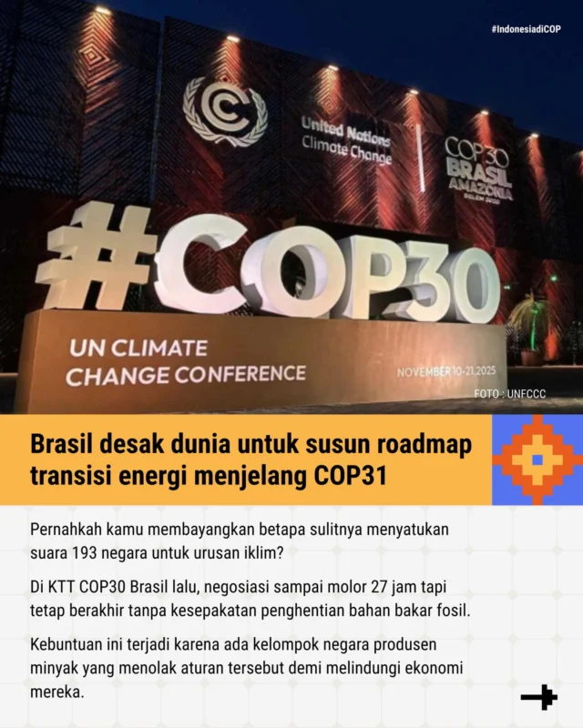 Tau nggak, pembahasan soal penghentian bahan bakar fosil di KTT COP30 lalu ternyata sampai molor 27 jam?

Ternyata, menyatukan suara 193 negara untuk urusan iklim merupakan hal yang super sulit. Akhirnya, negosiasi justru berujung buntu.

Sebagai jalan tengah, Presiden COP30 menginisiasi negara-negara untuk menyusun roadmap penghentian energi kotor secara sukarela.

Kira-kira, efektif gak ya?

#IndonesiadiCOP #TransisiEnergi #COP30 #EnergiTerbarukan #DiplomasiIklim
